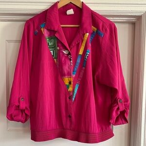 Vibrant Pink Button-Up Vintage Pull-Over with Colorful Accents